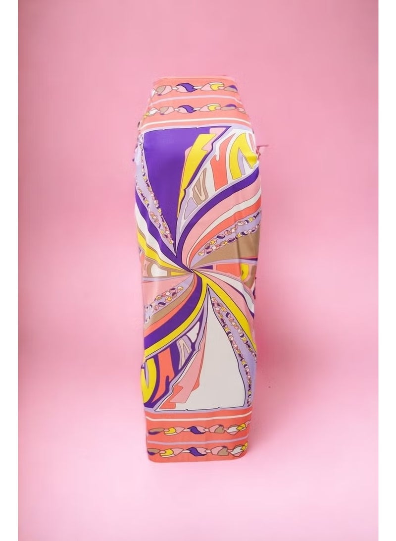 Pistore Special Purple Yellow and Salmon Patterned Short Pareo Satin Women's Beach Dress New Season - Image 2